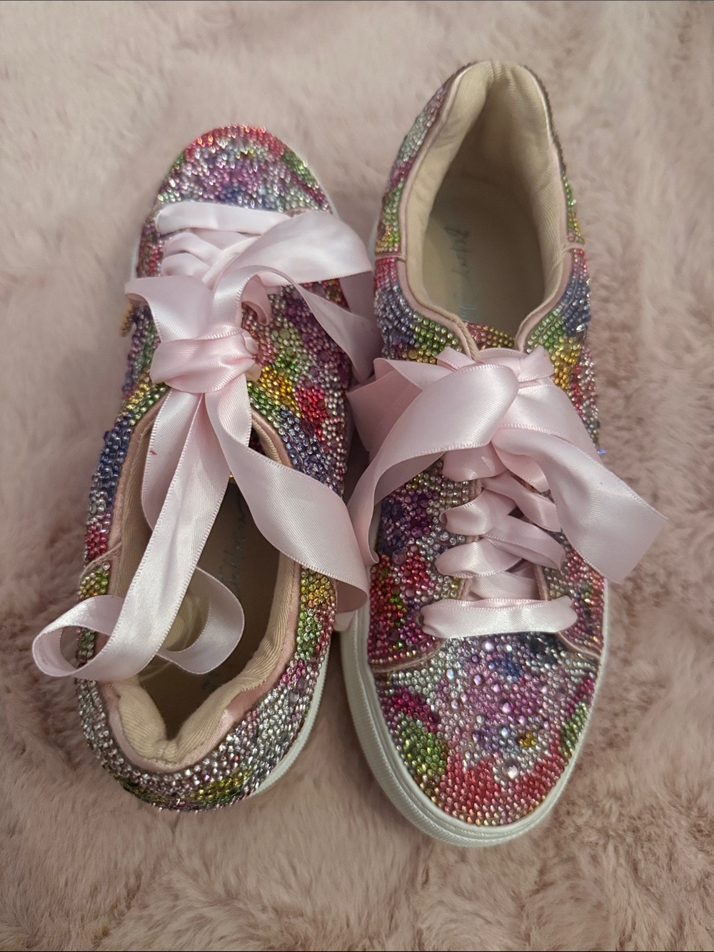 Betsey Johnson Multicolor Rhinestone Sneakers with Pink Satin Laces
